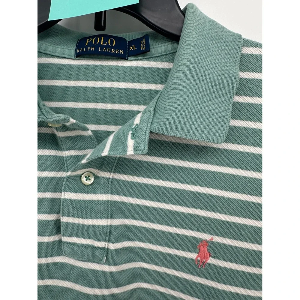 Polo Ralph Lauren Men XL Green White Striped Short Sleeve Cotton Polo Shirt